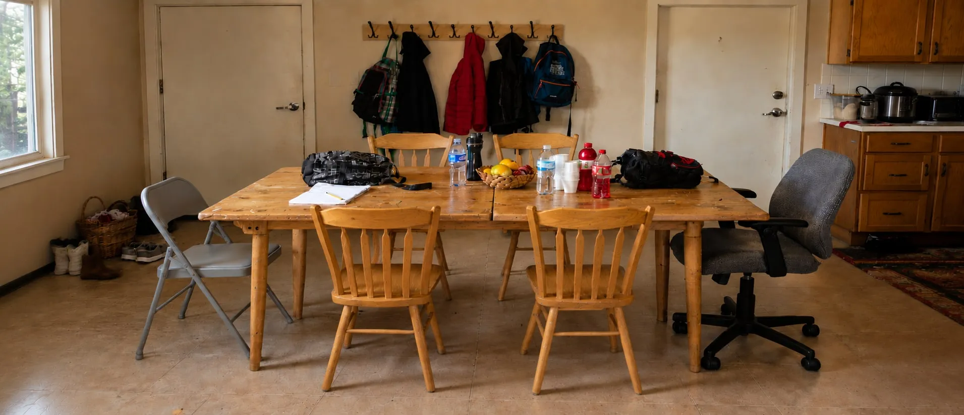 A shared kitchen table with mismatched chairs in a busy home